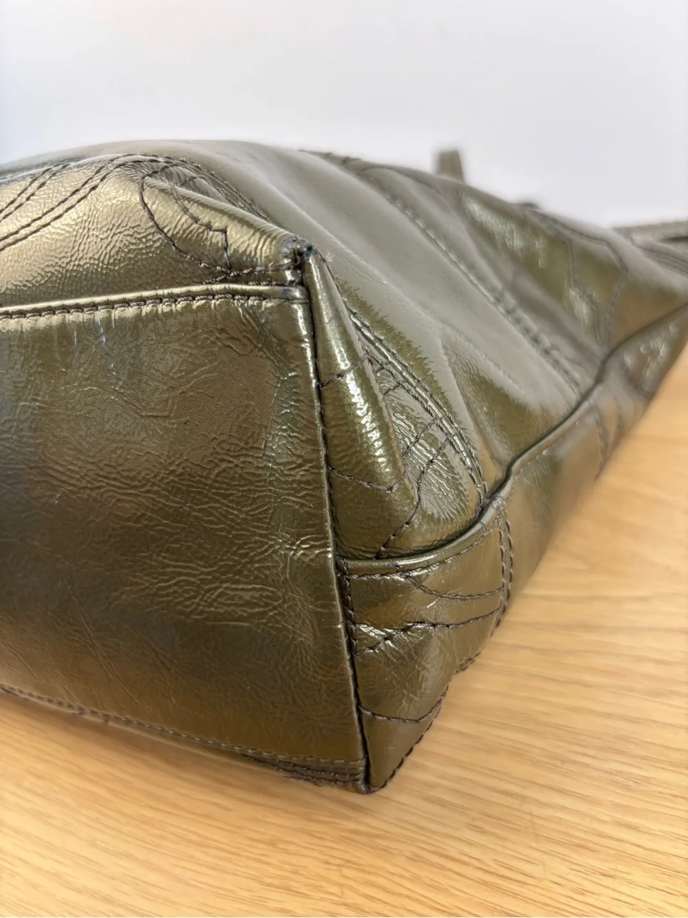 Coach‎ Signature Stripe Stitched Patent Leather Tote Olive Green 15142